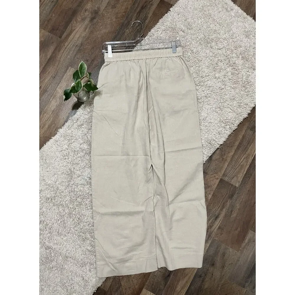 Zara Size Medium Beige Linen Blend Wide Leg Pull-On Drawstring Pants